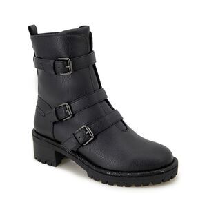 REACTION KENNETH COLE Womens Black Pull Tab Tate Round Toe Block Heel Moto 5.5